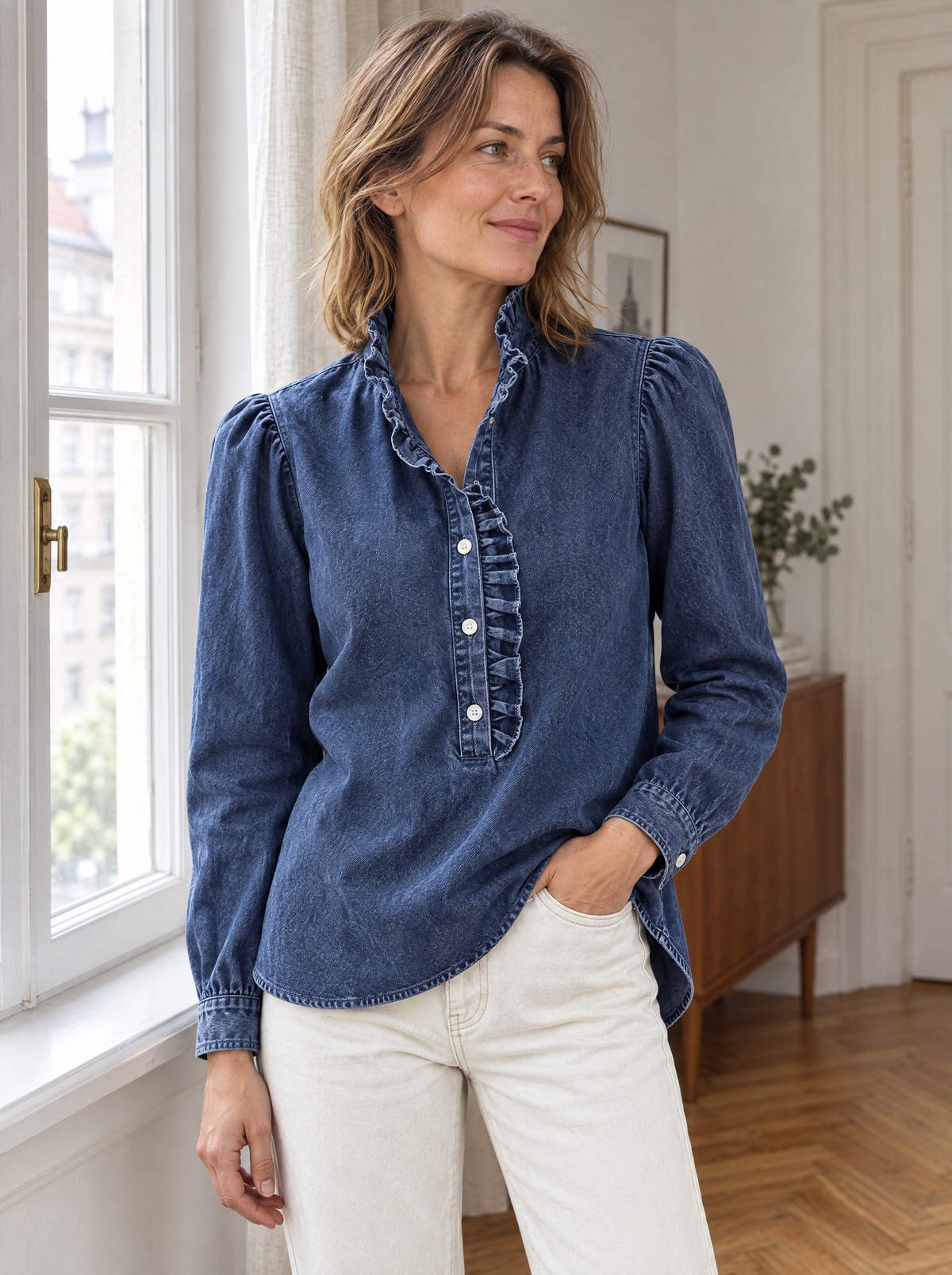 Briselle | Button Front Ruffle Denim Blouse