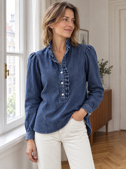 Briselle | Button Front Ruffle Denim Blouse