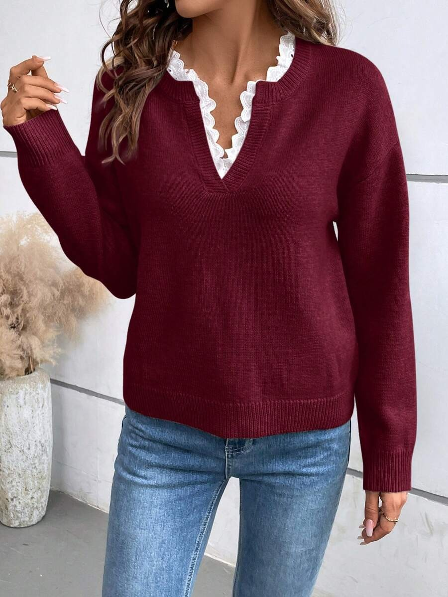 Merisse | Lace Trim V Neck Sweater