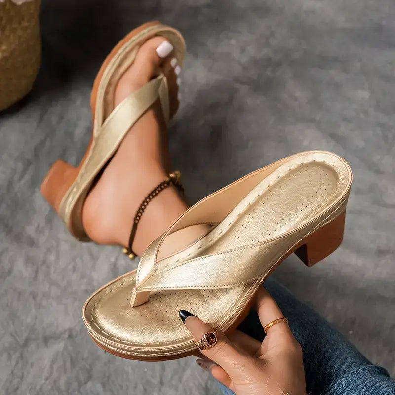 Delvara | Gold Metallic Toe Post Block Heel Slip-On Sandals