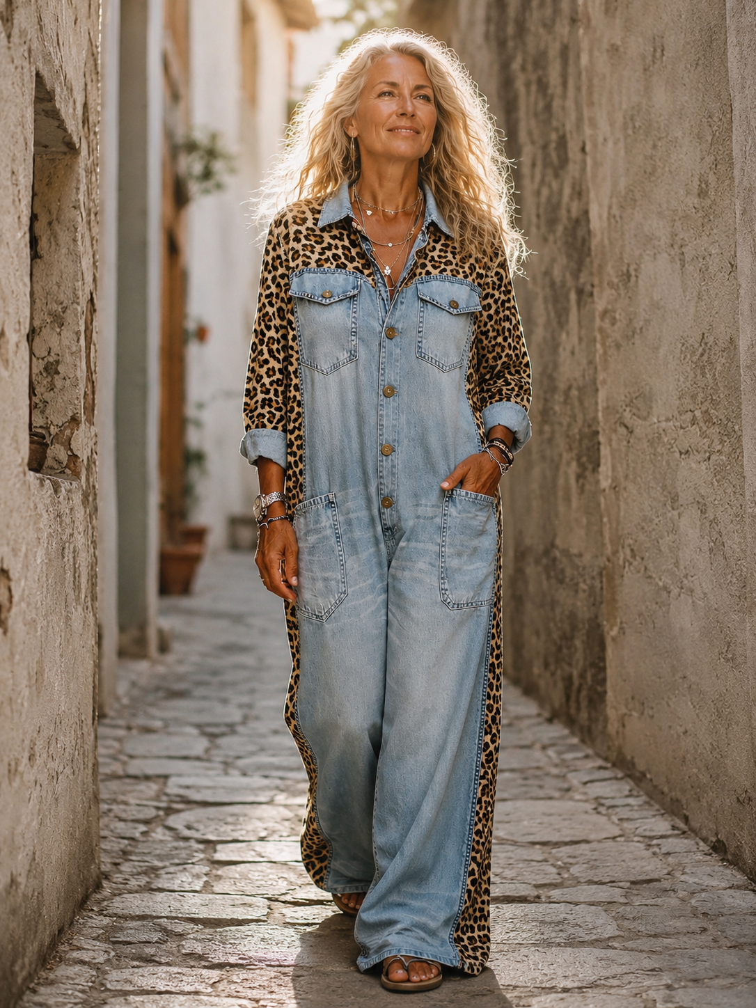 Corlisse | Leopard Panel Denim Wide Leg Jumpsuit
