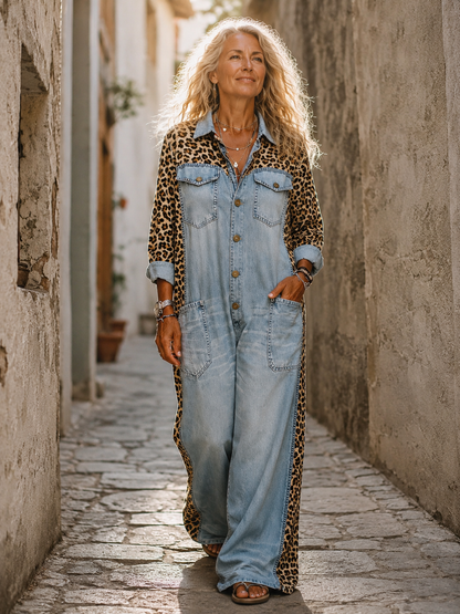 Corlisse | Leopard Panel Denim Wide Leg Jumpsuit