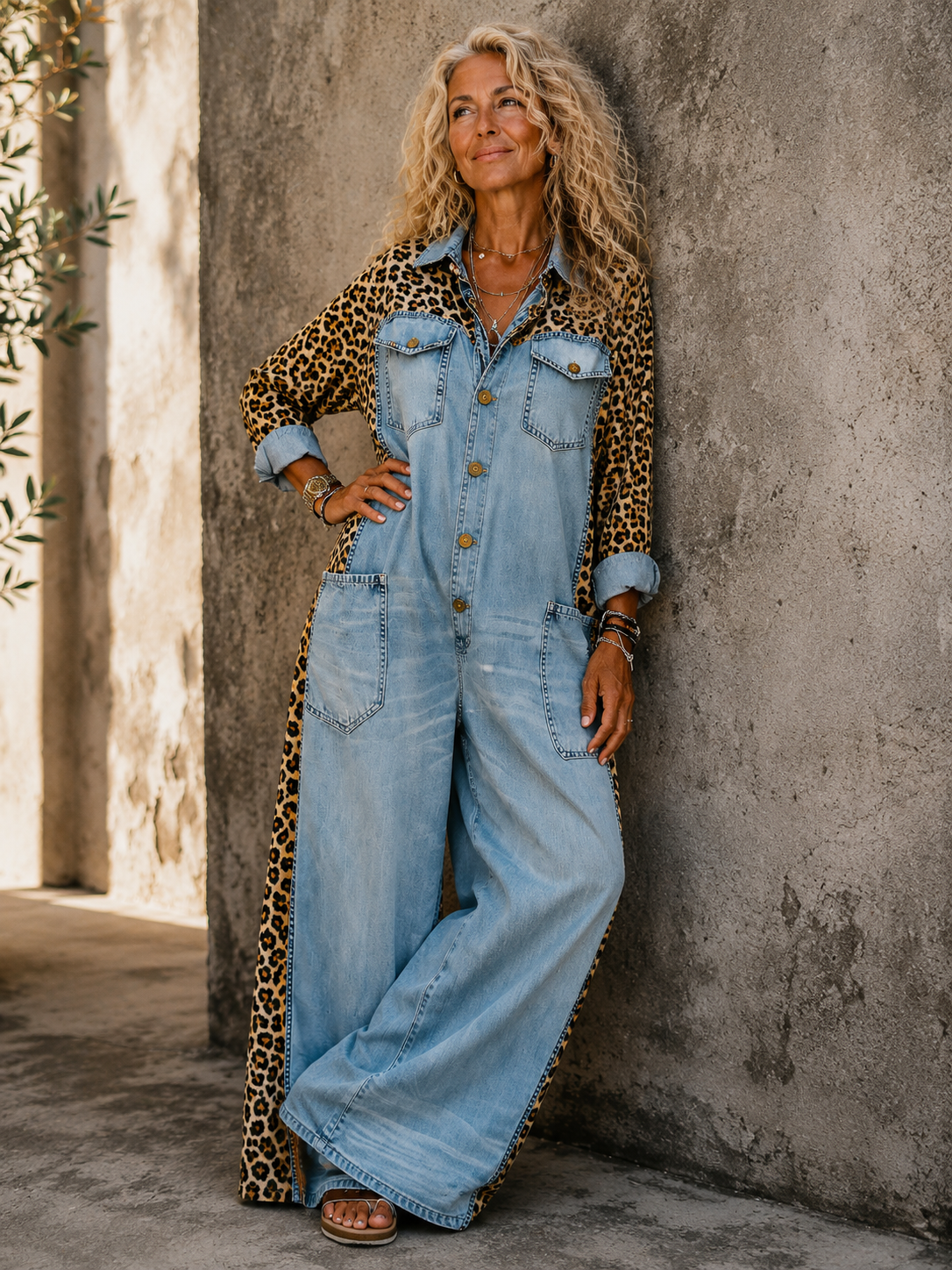 Corlisse | Leopard Panel Denim Wide Leg Jumpsuit