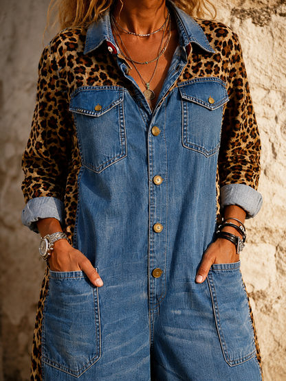 Corlisse | Leopard Panel Denim Wide Leg Jumpsuit