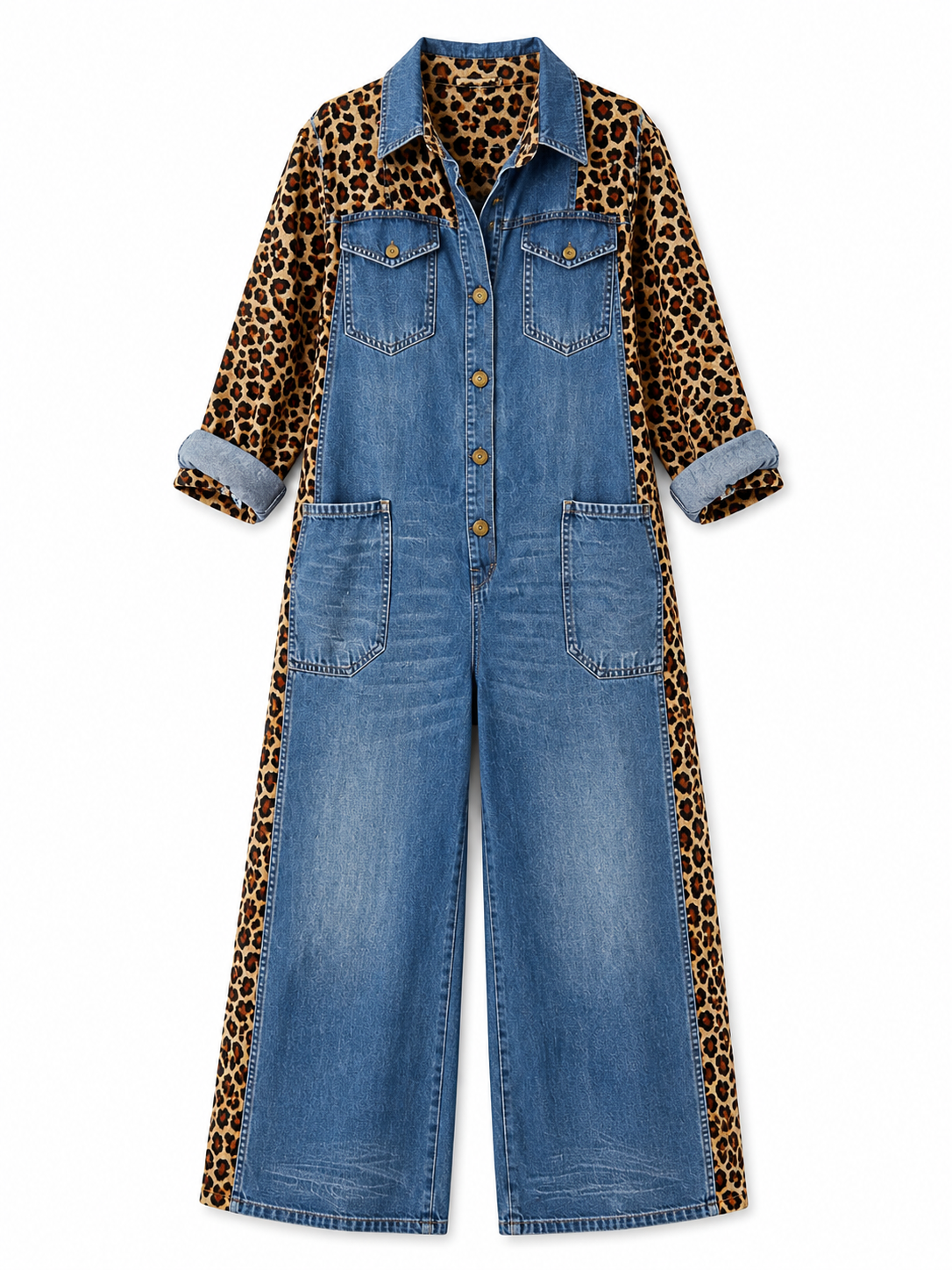 Corlisse | Leopard Panel Denim Wide Leg Jumpsuit