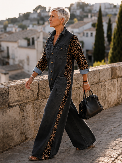 Corlisse | Leopard Panel Denim Wide Leg Jumpsuit