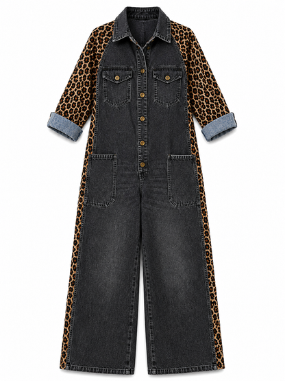 Corlisse | Leopard Panel Denim Wide Leg Jumpsuit