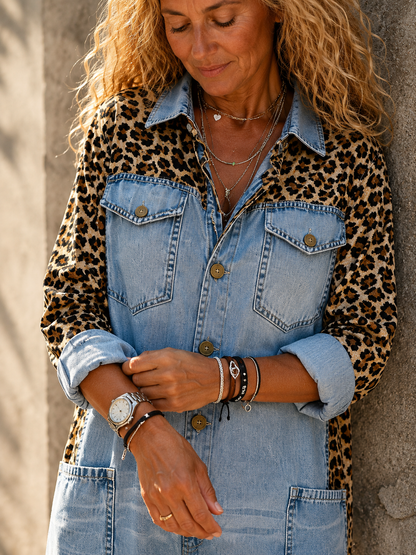 Corlisse | Leopard Panel Denim Wide Leg Jumpsuit