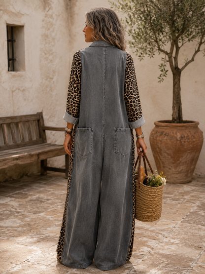 Corlisse | Leopard Panel Denim Wide Leg Jumpsuit