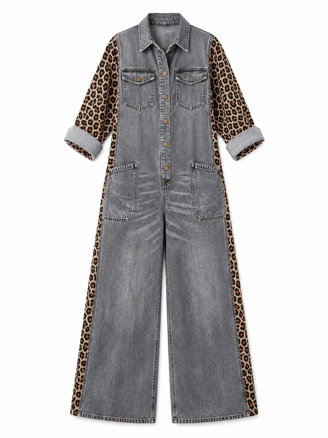 Corlisse | Leopard Panel Denim Wide Leg Jumpsuit