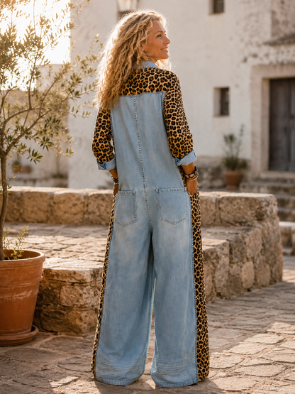 Corlisse | Leopard Panel Denim Wide Leg Jumpsuit
