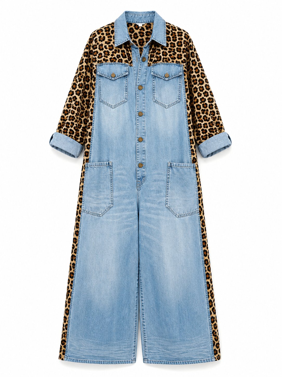 Corlisse | Leopard Panel Denim Wide Leg Jumpsuit