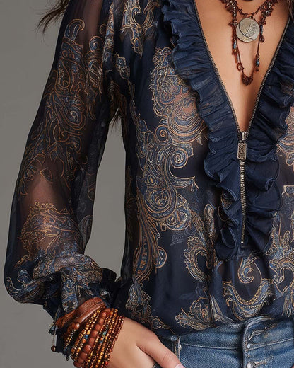 Delvara | Paisley Print Sheer Ruffle Zip Front Boho Blouse