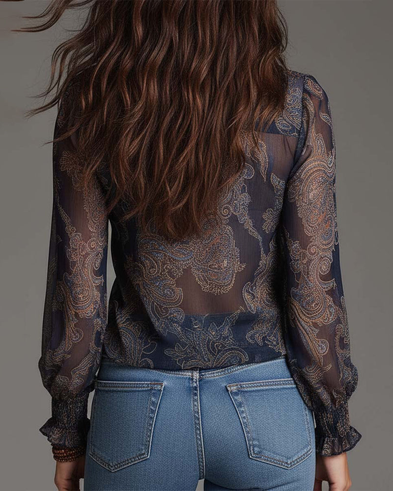 Delvara | Paisley Print Sheer Ruffle Zip Front Boho Blouse