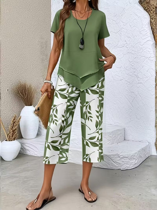 Faelina | Layered Hem Botanical Trouser Set