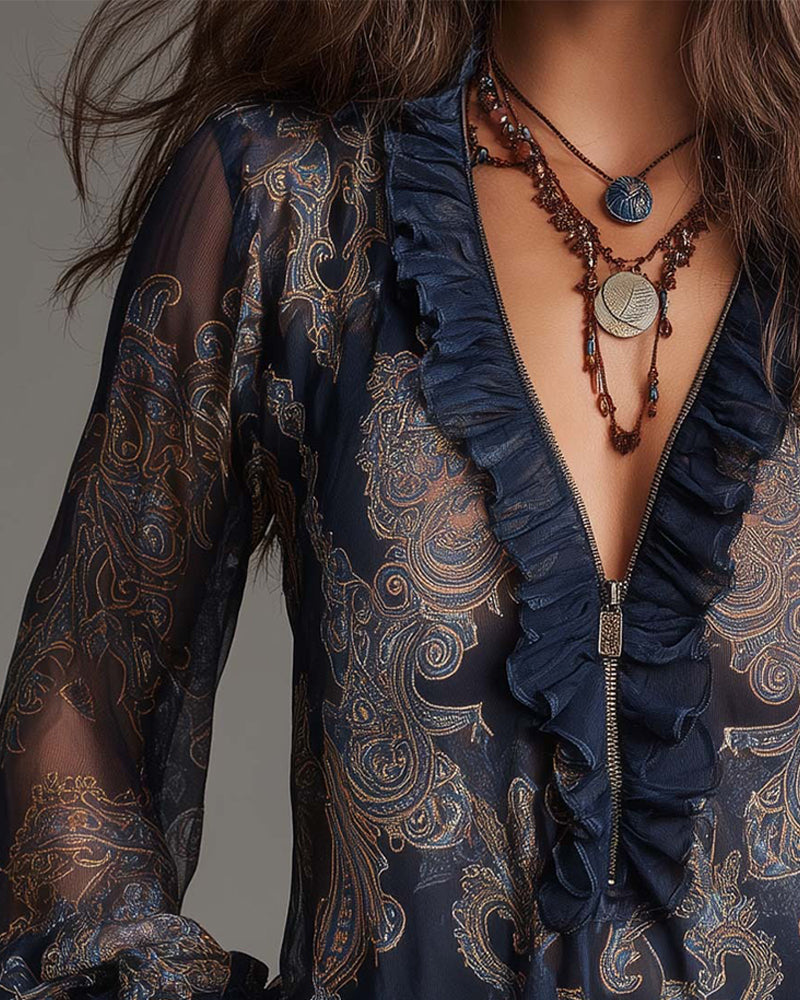 Delvara | Paisley Print Sheer Ruffle Zip Front Boho Blouse