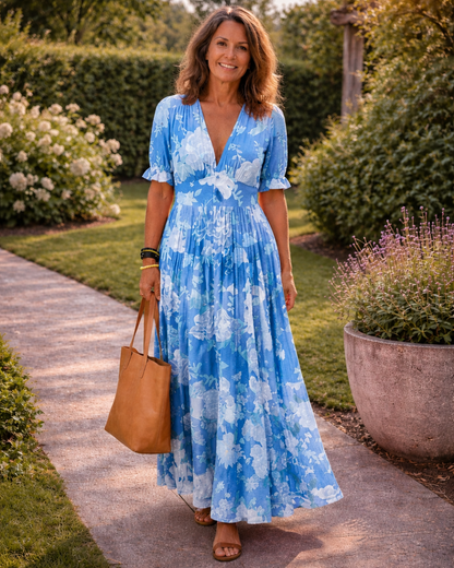Elysianne | Floral Pleated V Neck Maxi Dress