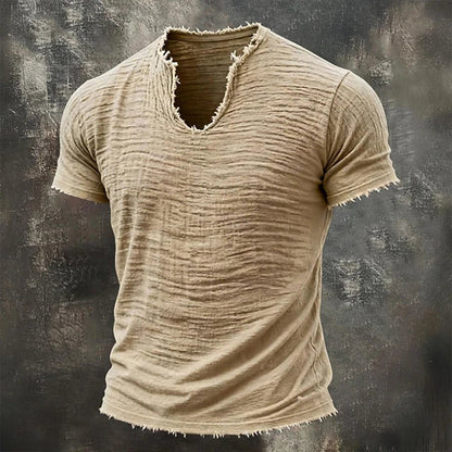 Jensen | Distressed V Neck Textured T Shirt