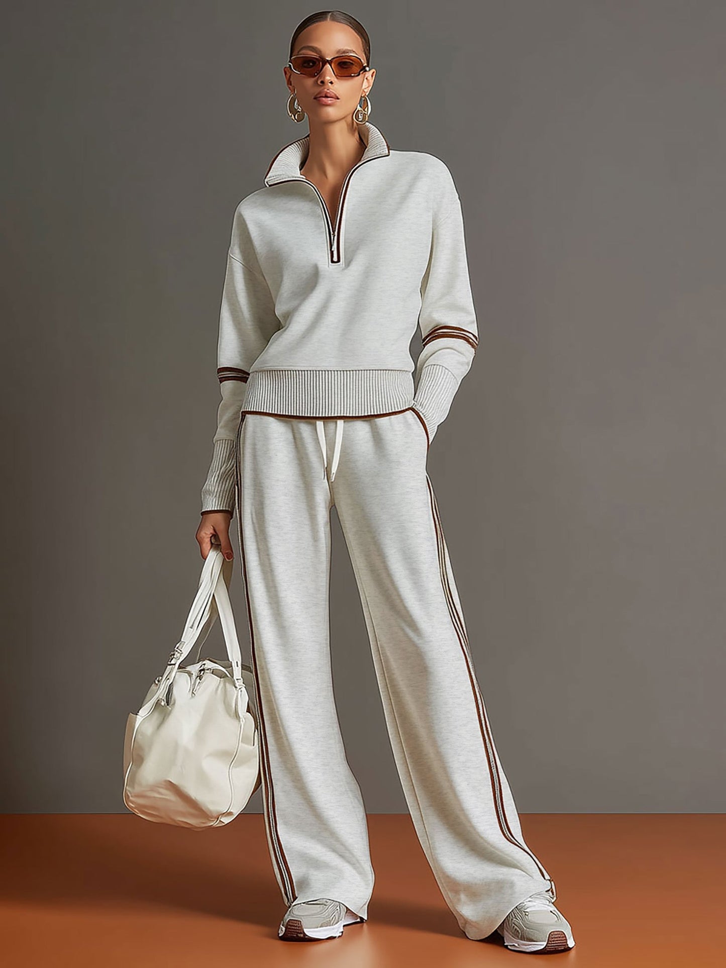 Vexara | Sporty Stripe Detail Quarter-Zip Top & Wide Leg Tracksuit Set