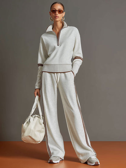 Vexara | Sporty Stripe Detail Quarter-Zip Top & Wide Leg Tracksuit Set