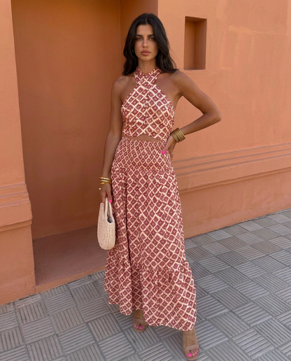 Valdris | Geometric Print Halter Neck Side Cutout Summer Maxi Dress