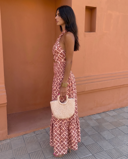 Valdris | Geometric Print Halter Neck Side Cutout Summer Maxi Dress