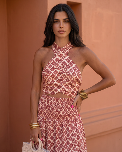 Valdris | Geometric Print Halter Neck Side Cutout Summer Maxi Dress