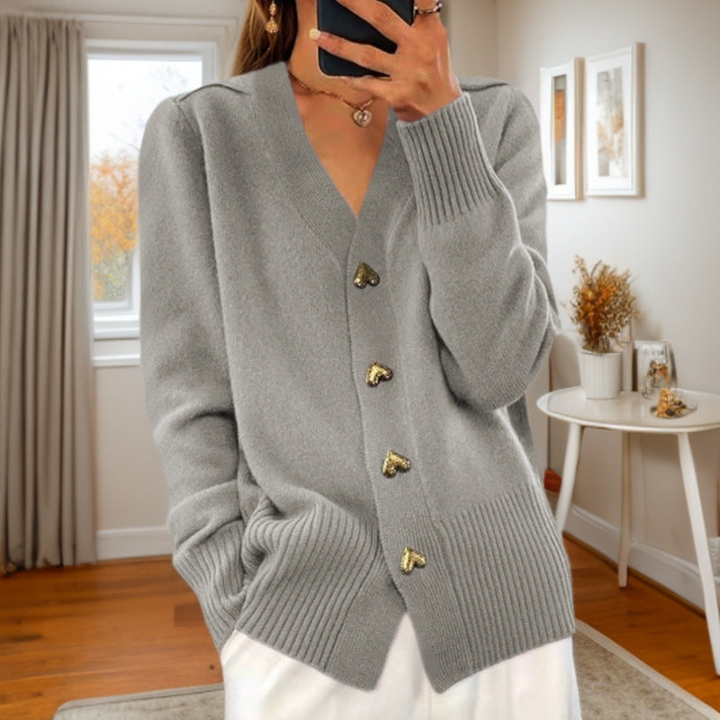 Quenella | Heart Button V Neck Cardigan