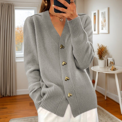 Quenella | Heart Button V Neck Cardigan