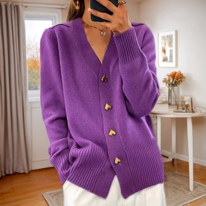 Quenella | Heart Button V Neck Cardigan