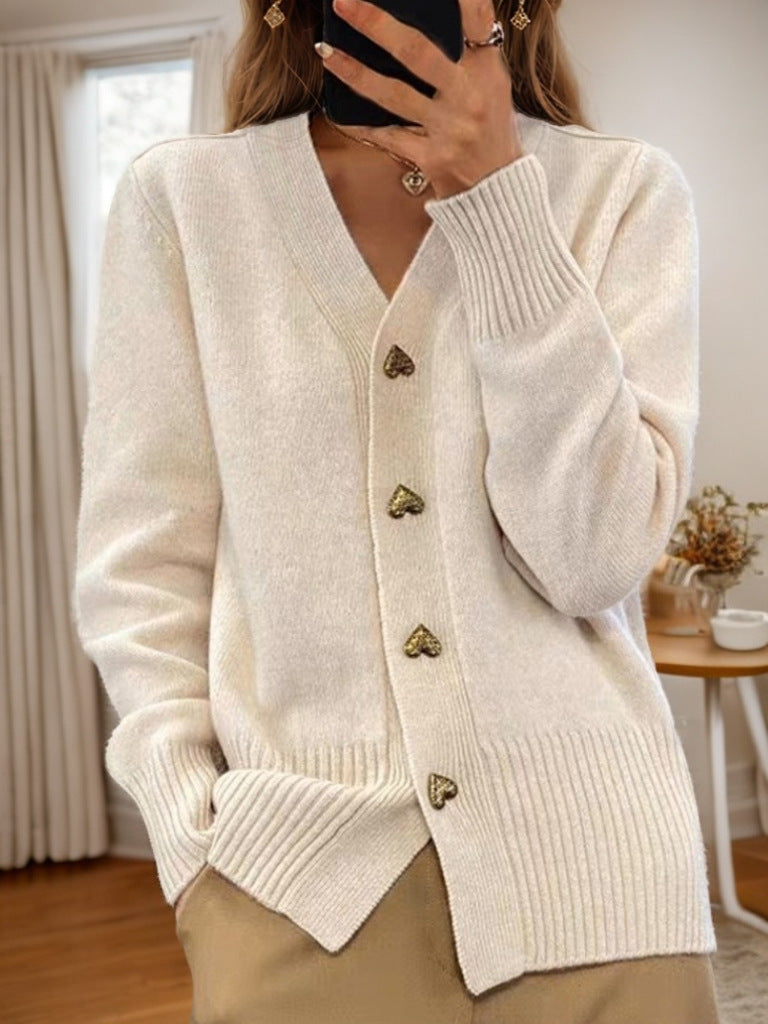 Quenella | Heart Button V Neck Cardigan