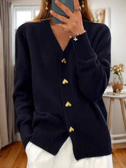 Quenella | Heart Button V Neck Cardigan
