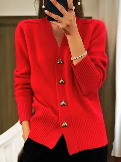 Quenella | Heart Button V Neck Cardigan