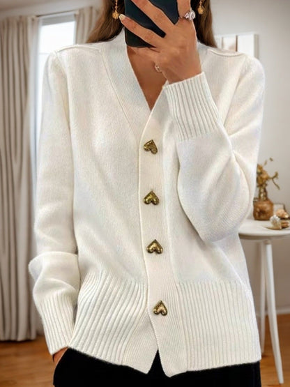 Quenella | Heart Button V Neck Cardigan