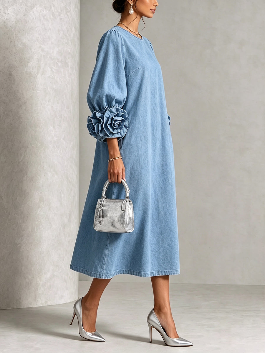 Xavessa | Puff Sleeve Denim Midi Dress