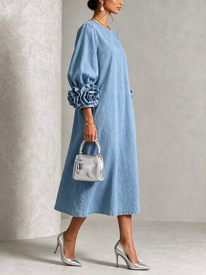 Xavessa | Puff Sleeve Denim Midi Dress