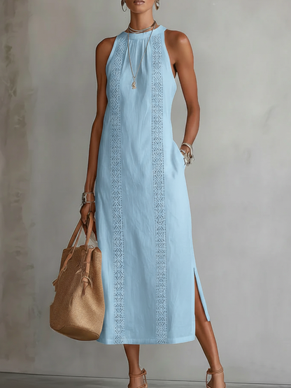 Thessara | Boho Geometric Lace Trim Sleeveless Maxi Dress with Pockets