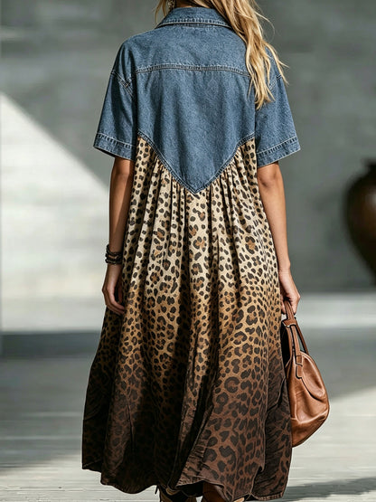 Isolwyn | Leopard Print Denim Maxi Dress