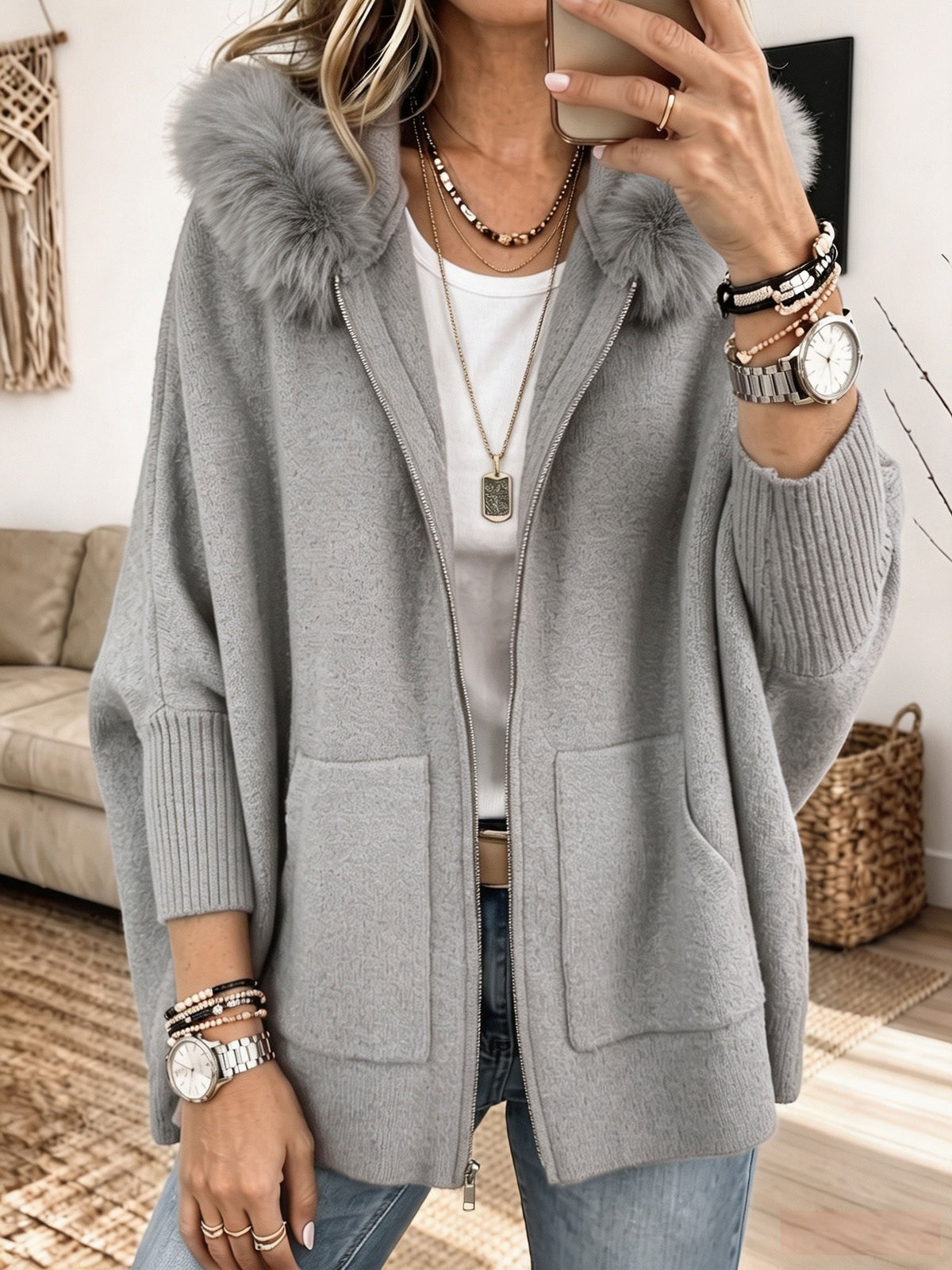 Quintina | Faux Fur Trim Knit Cardigan