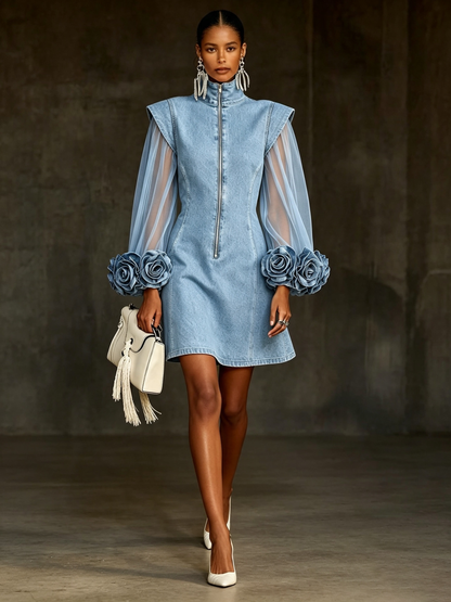 Ophira | Floral Cuff Denim Mini Dress