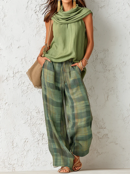 Aurevia | Draped Blouse And Wide Leg Trouser Set