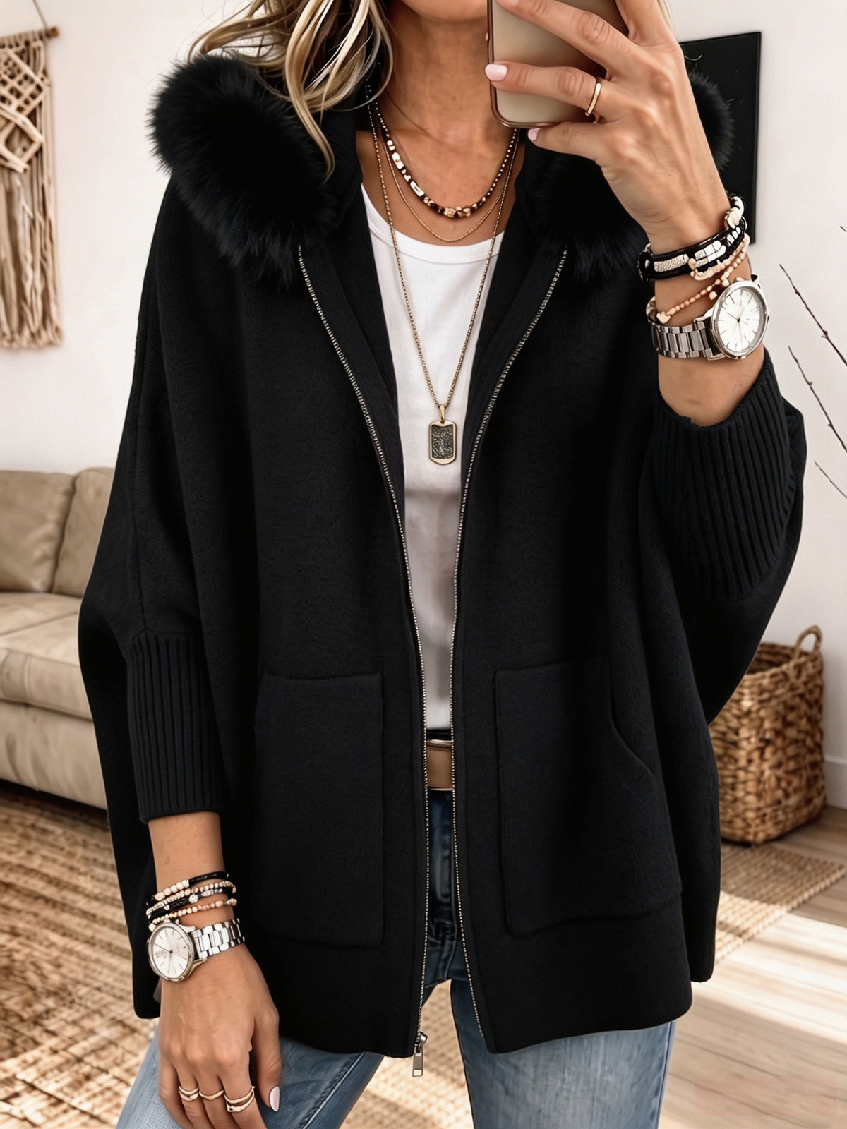 Quintina | Faux Fur Trim Knit Cardigan