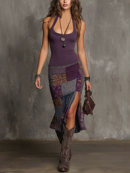 Solvessia | Patchwork Split Hem Halter Dress