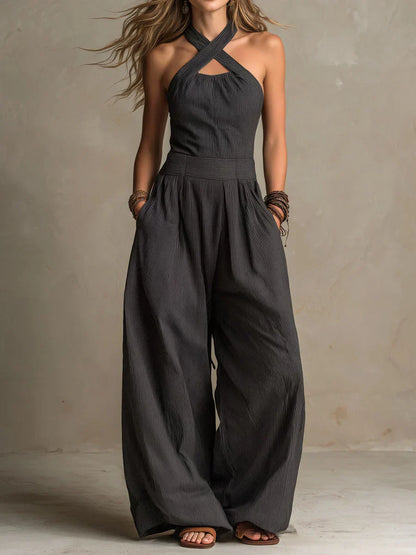 Zephyrelle | Cross Neck Wide Leg Jumpsuit