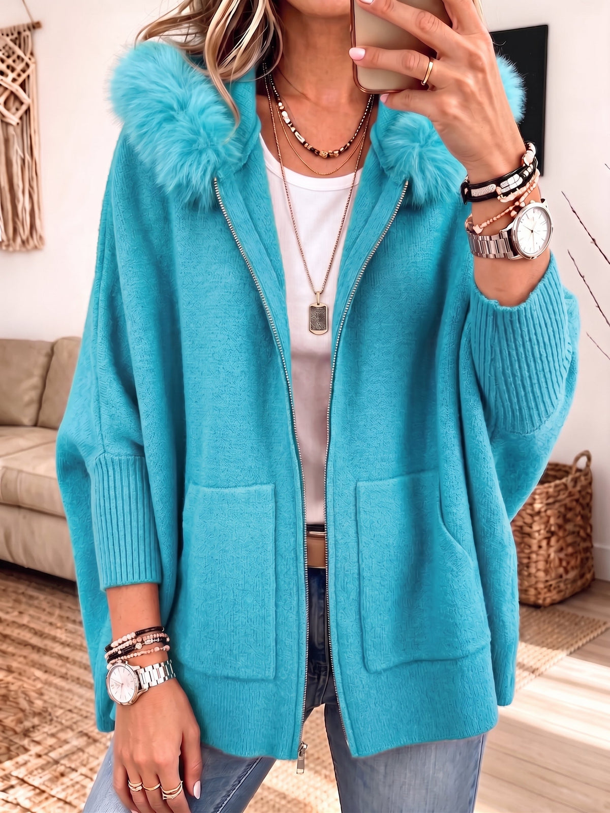 Quintina | Faux Fur Trim Knit Cardigan