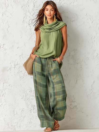 Aurevia | Draped Blouse And Wide Leg Trouser Set