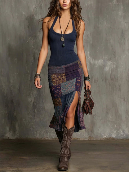 Solvessia | Patchwork Split Hem Halter Dress