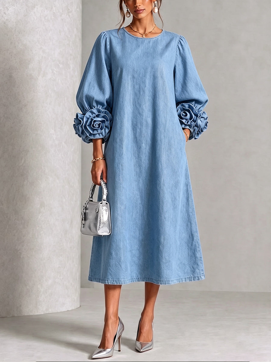 Xavessa | Puff Sleeve Denim Midi Dress