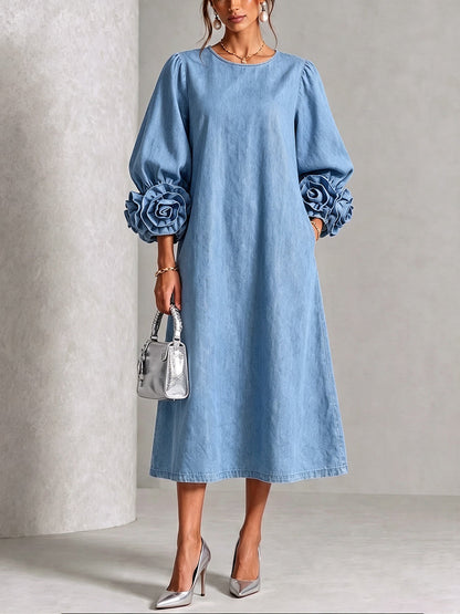 Xavessa | Puff Sleeve Denim Midi Dress