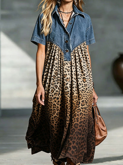 Isolwyn | Leopard Print Denim Maxi Dress